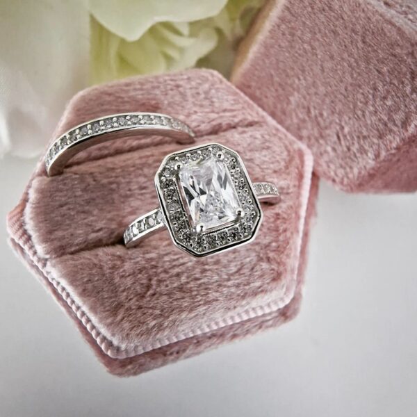 925 Sterling Silver Emerald Cut Cz Ring Set