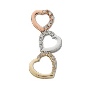 9ct Three Colour Gold 0.15ct Diamond Heart Drop Pendant