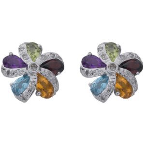 9ct White Gold 0.12ct Diamond & Multi Colour Gems Flower/cluster Earrings