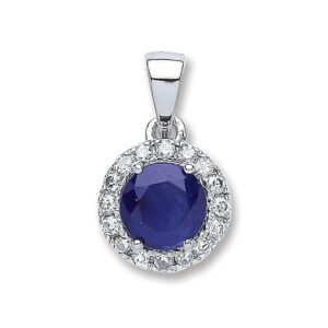 9ct White Gold 0.15ct Diamond, 0.70ct Round Sapphire Pendant