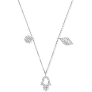 9ct White Gold 0.22ctw Evil Eye, Hamsa & Circle Pendant (18in/45cm) Chain