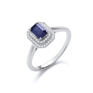 9ct White Gold Double 0.10ctw Diamond Halo Ring With 0.70ct Emerald Cut Sapphire
