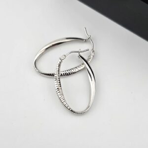 9ct White Gold Oval Twist Ribbed & Plain Hoop Earrings