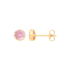 9ct Yellow Gold 5mm Rubover Set Pink Cubic Zirconia Studs