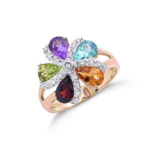 9ct Yellow Gold Diamond & Multi Colour St Flower / Cluster Ring