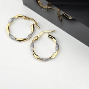 9ct Yellow & White Gold Glitter Finish Twisted Small Hoop Earrings