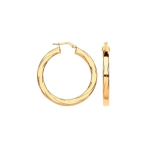 Yellow Gold 38mm Square Tube Ribbed Hoop Earrings