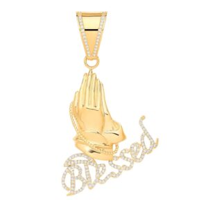 Yellow Gold Blessed, Praying Hands Cubic Zirconia Pendant