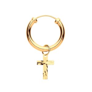 Yellow Gold Sleeper With Cross Charm Men's Single Earring