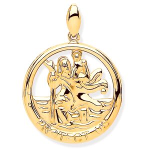 Yellow Gold St Christopher Round Cut Out Protect Us Medal