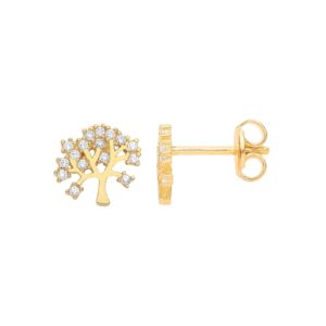 Yellow Gold Tree Of Life Stud Cubic Zirconia Earrings