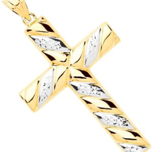Yellow & White Gold Hollow Tube Ribbed Cross